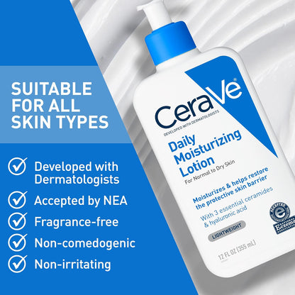 CeraVe Daily Moisturizing Lotion for Dry Skin, Body Lotion & Face Moisturizer with Hyaluronic Acid and Ceramides, Daily Moisturizer, Fragrance Free, Oil-Free, 12/19 Ounce