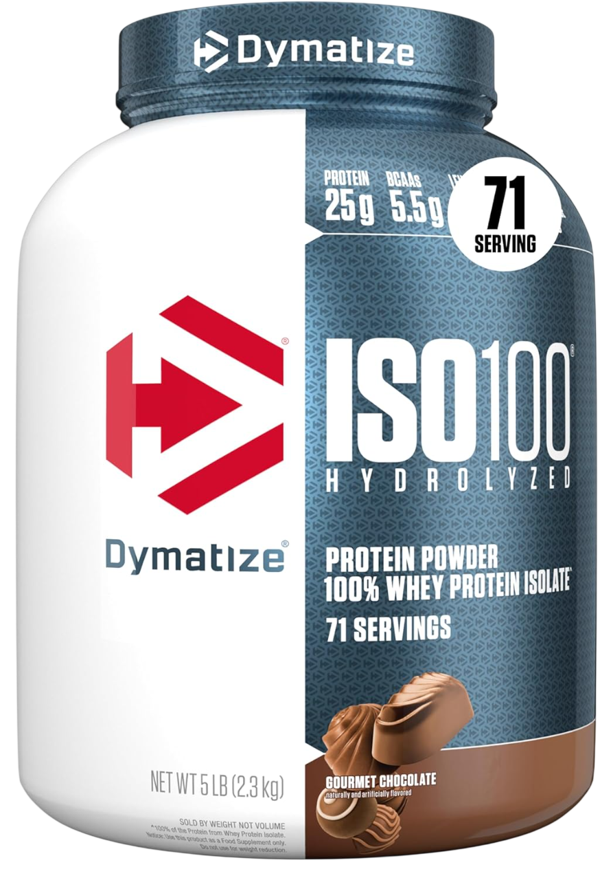 Dymatize ISO100 Whey Protein Powder Isolate, Gourmet Chocolate, 25g of Protein, 20 Servings, 5.5g BCAAs, Less Than 120 Cal., Gluten Free, 1g Fat, 1g Sugar, 2g Carb