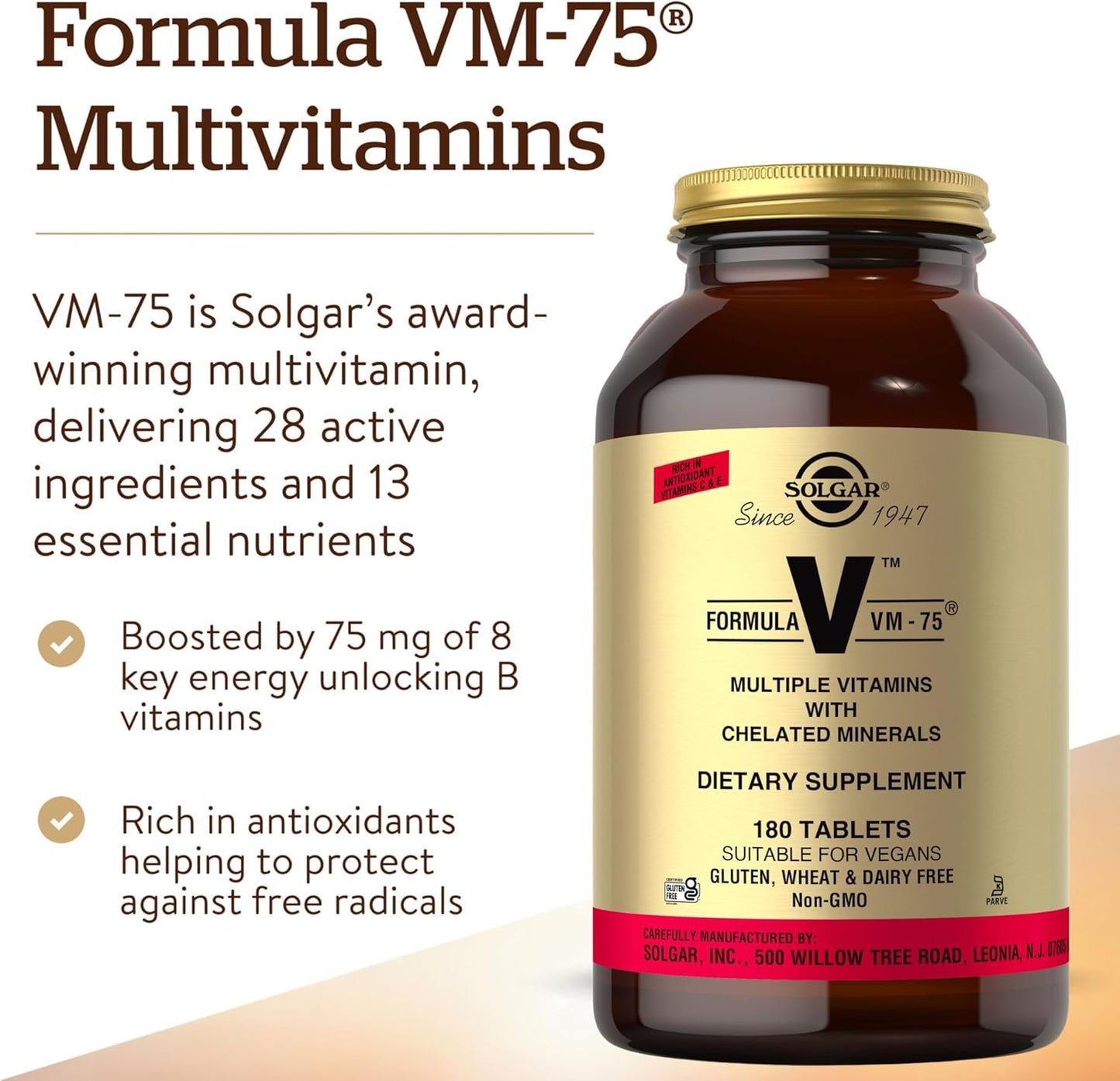 Solgar Formula VM-75, 90/180 Tablets - Multivitamin with Chelated Minerals - Vitamin A, B6, B12, C, D, E - Biotin, Magnesium, Calcium, Iron, Zinc - Vegan, Gluten Free, Dairy Free, Kosher - 90/180 Servings