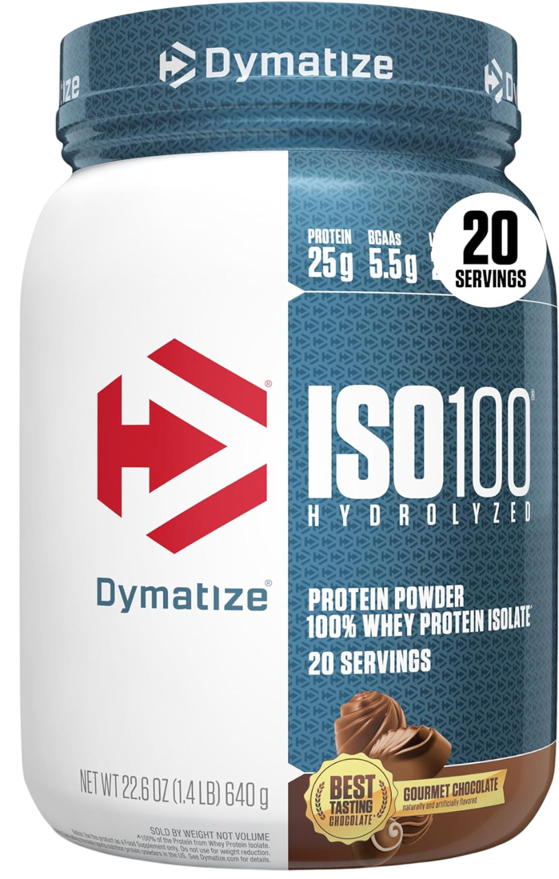 Dymatize ISO100 Whey Protein Powder Isolate, Gourmet Chocolate, 25g of Protein, 20 Servings, 5.5g BCAAs, Less Than 120 Cal., Gluten Free, 1g Fat, 1g Sugar, 2g Carb