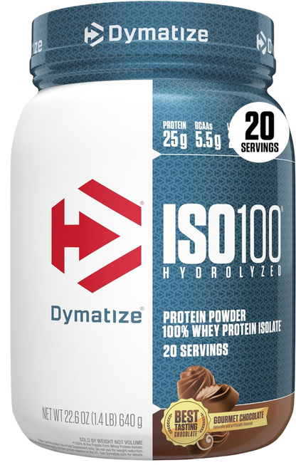 Dymatize ISO100 Whey Protein Powder Isolate, Gourmet Chocolate, 25g of Protein, 20 Servings, 5.5g BCAAs, Less Than 120 Cal., Gluten Free, 1g Fat, 1g Sugar, 2g Carb