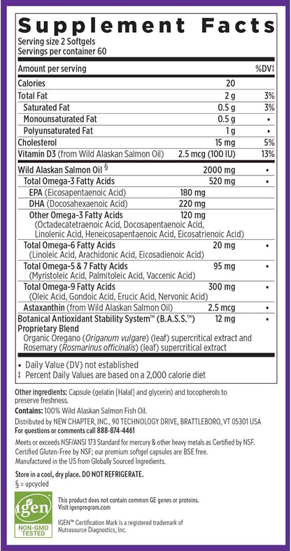 New Chapter Wholemega Fish Oil Supplement - 2000mg per Serving, Clinically Proven Wild Alaskan Salmon Oil with Omega-3 + Vitamin D3 + Astaxanthin, 60 Softgels
