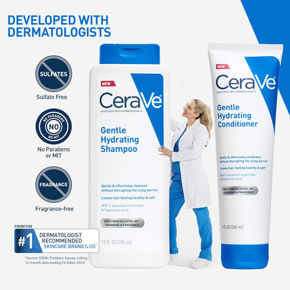 CeraVe Gentle Hydrating Shampoo, With Ceramides, Niacinamide & Hyaluronic Acid For Soft, Healthy Looking Hair & Scalp, Sulfate Free & Color Safe Shampoo, For All Hair Types, 12/19 Oz