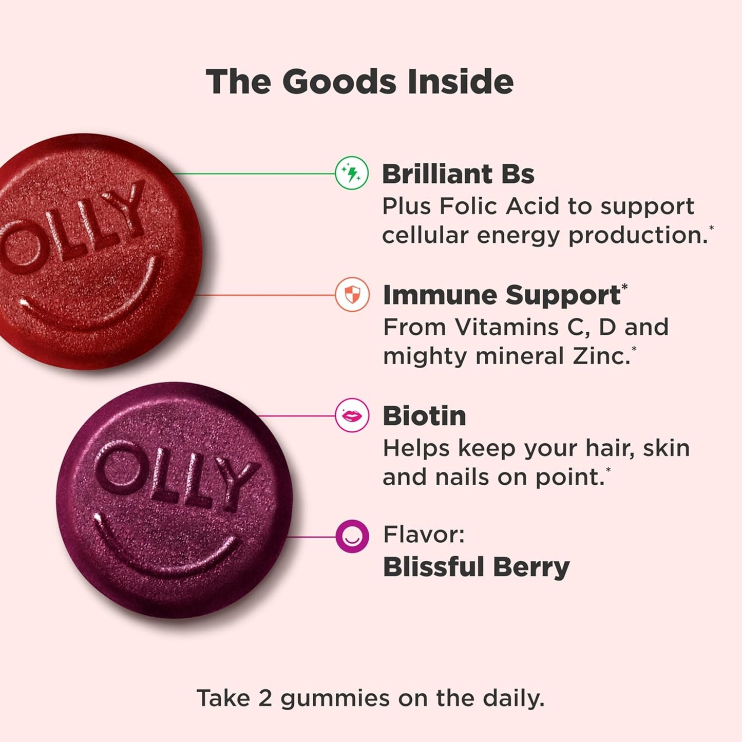 OLLY Women's Daily Multivitamin Gummy, Vitamins A, D, C, E, Biotin, Folic Acid, Adult Chewable Vitamin, Berry Flavor