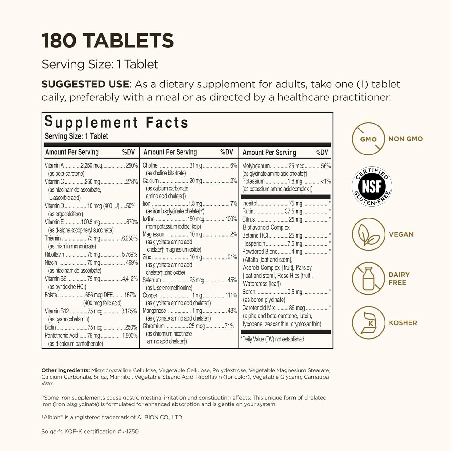 Solgar Formula VM-75, 90/180 Tablets - Multivitamin with Chelated Minerals - Vitamin A, B6, B12, C, D, E - Biotin, Magnesium, Calcium, Iron, Zinc - Vegan, Gluten Free, Dairy Free, Kosher - 90/180 Servings