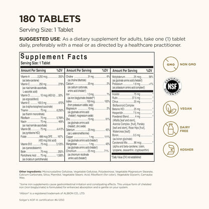 Solgar Formula VM-75, 90/180 Tablets - Multivitamin with Chelated Minerals - Vitamin A, B6, B12, C, D, E - Biotin, Magnesium, Calcium, Iron, Zinc - Vegan, Gluten Free, Dairy Free, Kosher - 90/180 Servings
