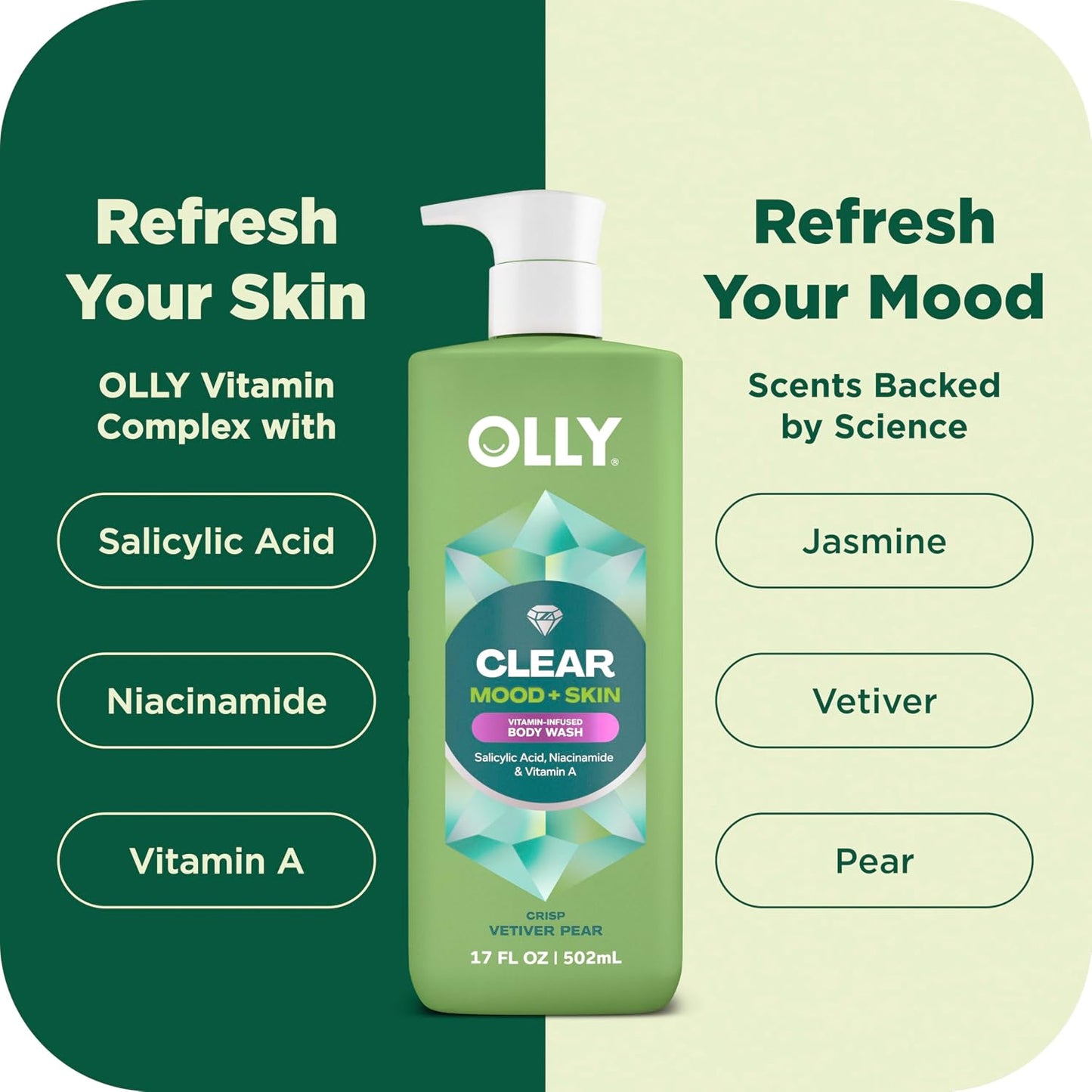 OLLY Body Wash Clear Mood + Skin with salicylic acid, niacinamide & vitamin A for smoother skin 17 Fl Oz