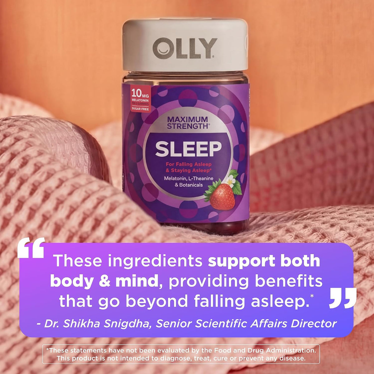 OLLY Max Strength Sleep Gummy, 10mg Melatonin, L-Theanine, Chamomile, Lemon Balm, Sugar Free, Vegetarian Sleep Aid, Strawberry - 50 Count