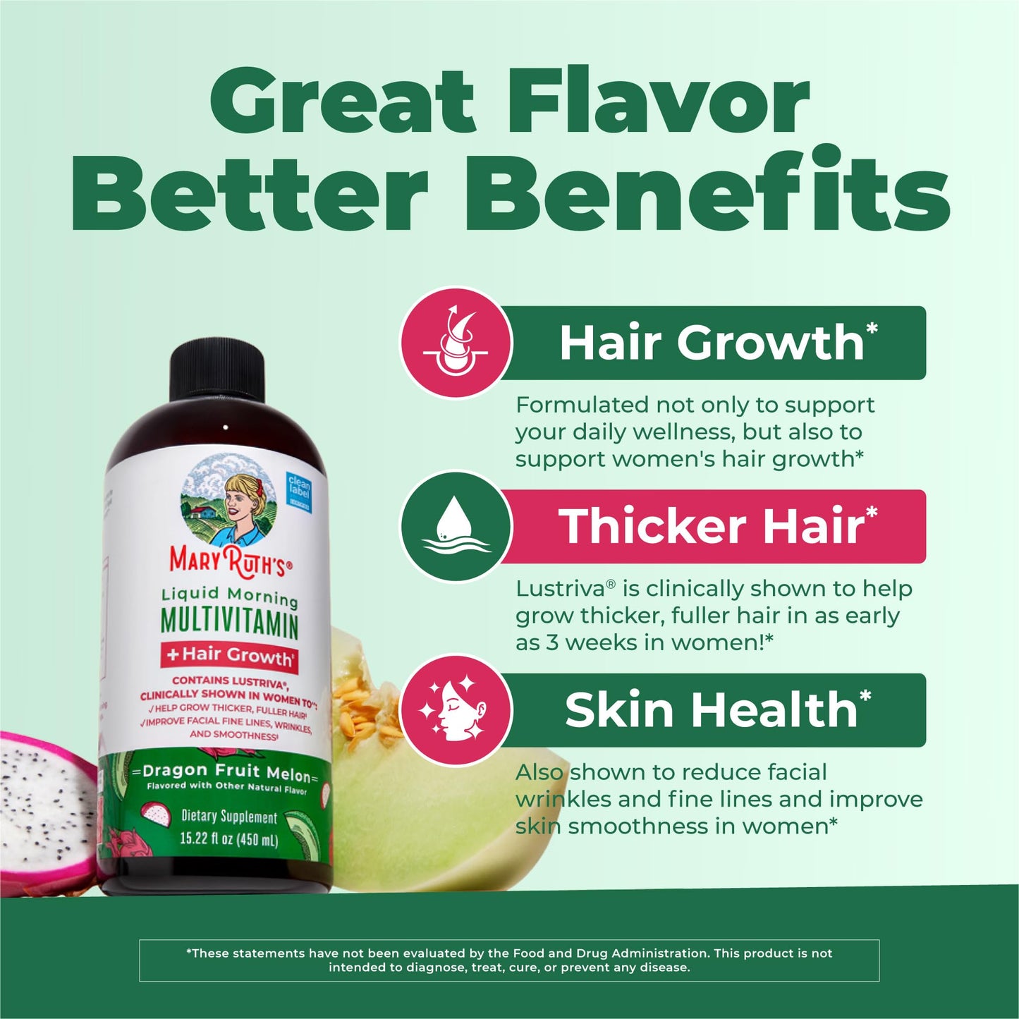 MARYRUTH'S Liquid Multivitamin + Hair Growth| Dragon Fruit Flavour | Clinically Tested in Women for Thicker Hair & Facial Wrinkles | Biotin 10000mcg | 15.22 Fl Oz & 30 Oz