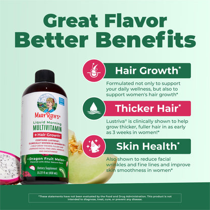 MARYRUTH'S Liquid Multivitamin + Hair Growth| Dragon Fruit Flavour | Clinically Tested in Women for Thicker Hair & Facial Wrinkles | Biotin 10000mcg | 15.22 Fl Oz & 30 Oz