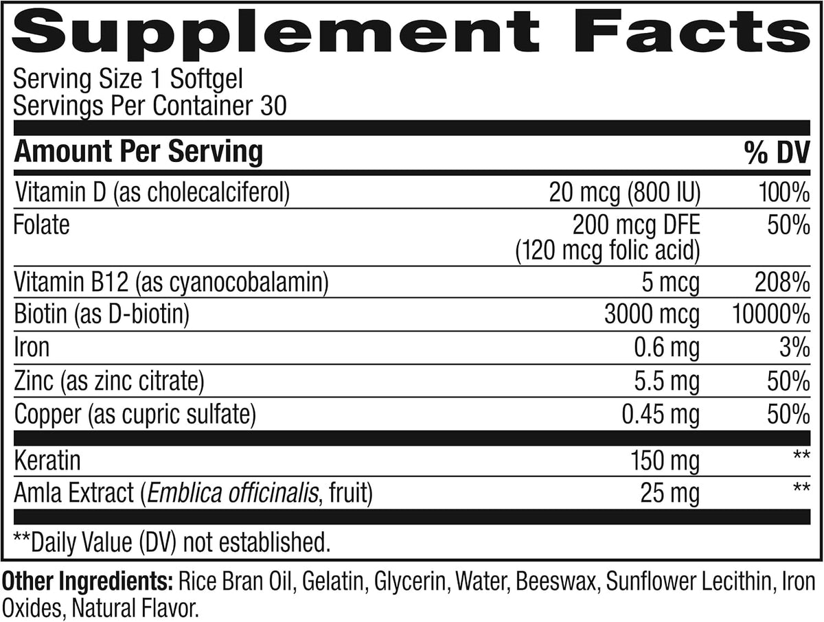 OLLY Ultra Strength Hair Softgels, Supports Hair Health, Biotin, Keratin, Vitamin D, B12, Hair Supplement, 30 Day Supply - 30 Count (Packaging May Vary)
