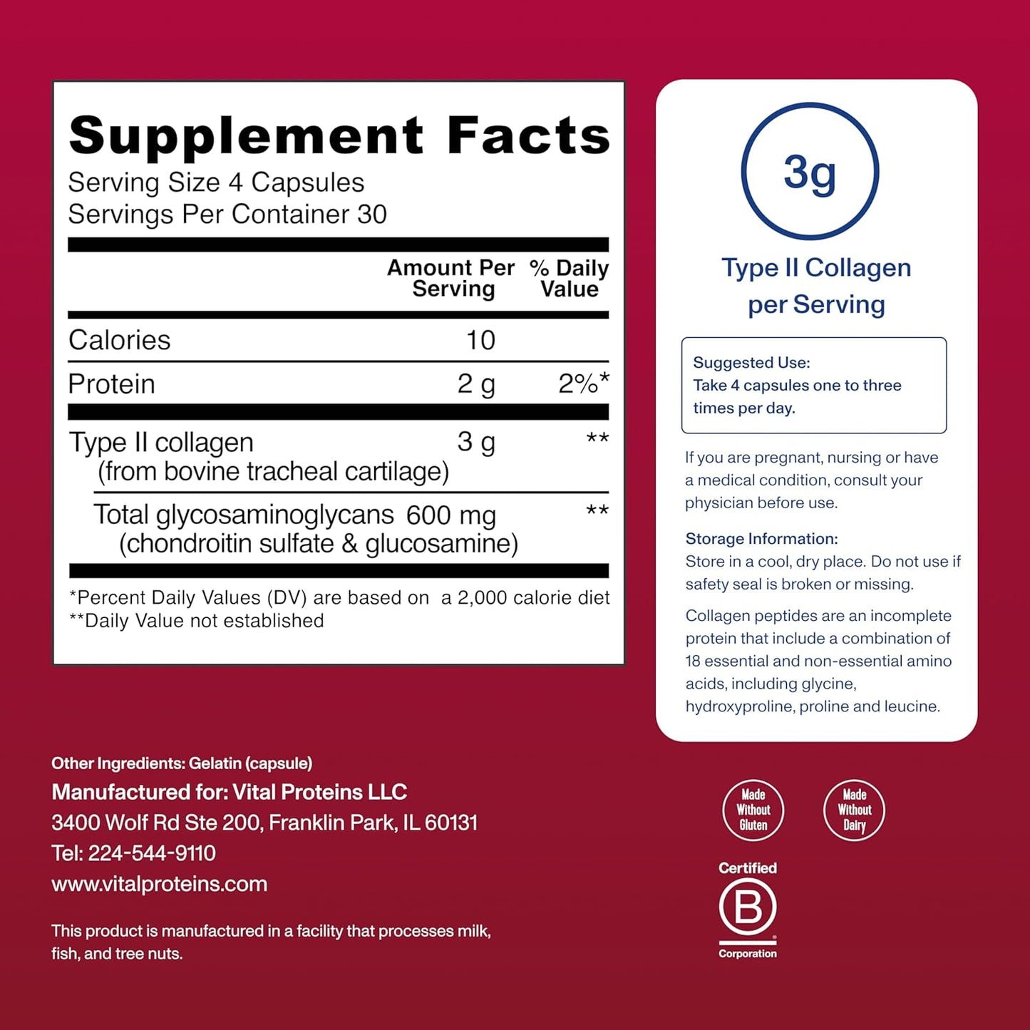Vital Proteins Cartilage Collagen Pills, Type II Collagen & Chondroitin Sulfate Supplement for Recovery & Healthy Hair, Skin, Nails and Joints - 750 mg Serving with 120 Capsules