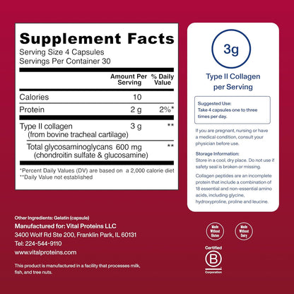 Vital Proteins Cartilage Collagen Pills, Type II Collagen & Chondroitin Sulfate Supplement for Recovery & Healthy Hair, Skin, Nails and Joints - 750 mg Serving with 120 Capsules