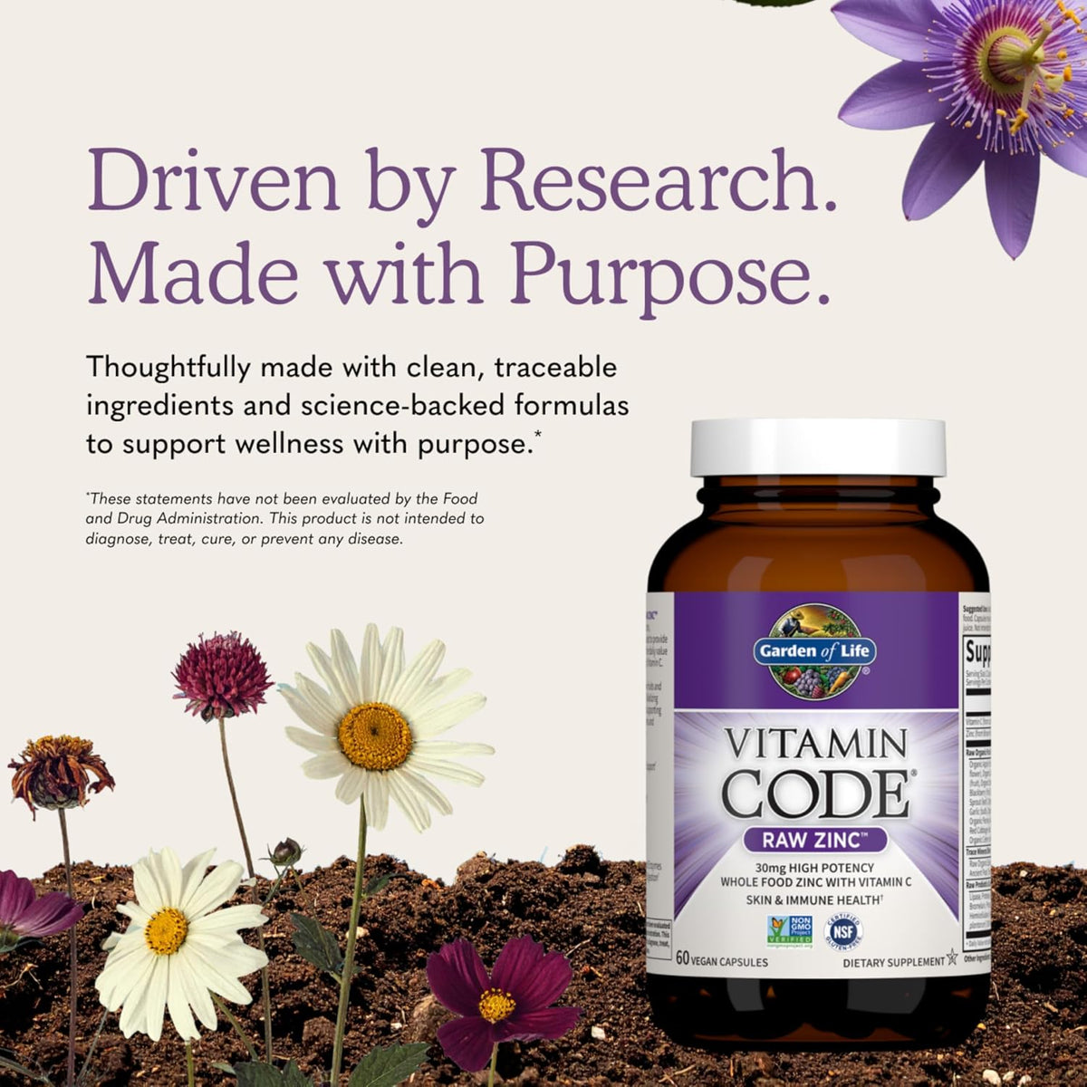 Garden of Life Vitamin Code Raw Zinc Supplement 30mg with Vitamin C, Whole Food Supplement for Immune Support, Skin Health, Eye Health and Prostate Health, 60 Vegan Capsules