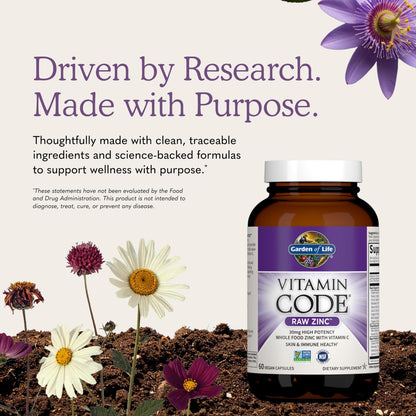 Garden of Life Vitamin Code Raw Zinc Supplement 30mg with Vitamin C, Whole Food Supplement for Immune Support, Skin Health, Eye Health and Prostate Health, 60 Vegan Capsules