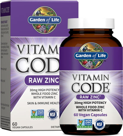 Garden of Life Vitamin Code Raw Zinc Supplement 30mg with Vitamin C, Whole Food Supplement for Immune Support, Skin Health, Eye Health and Prostate Health, 60 Vegan Capsules