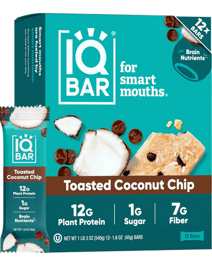 IQBAR Clean Plant Protein Bars - Toasted Coconut Chip - 12/24/36 Count - Keto, Vegan, High Fiber, Gluten and Dairy Free, Low Sugar Snack - Brain and Body Nutrients for Focus, Energy, Meal Replacement