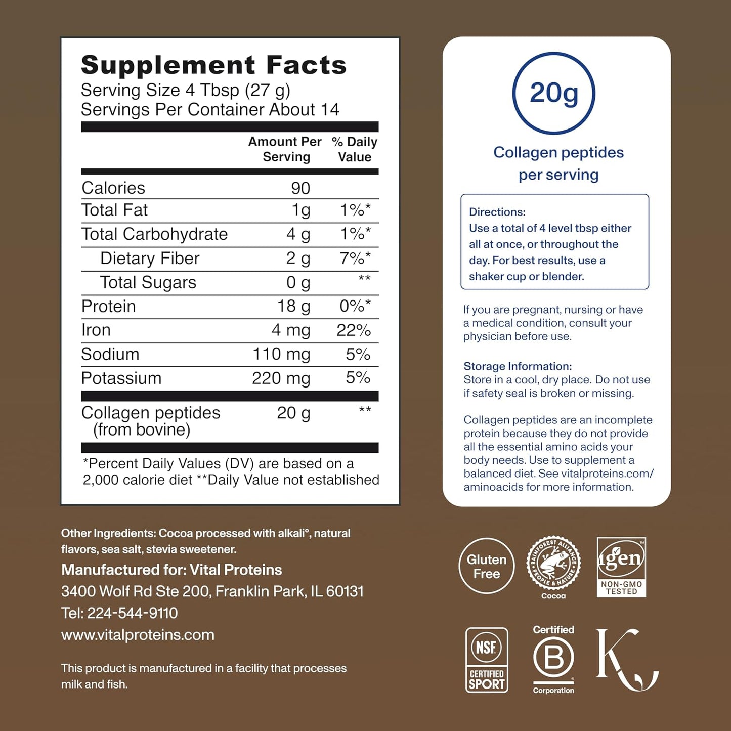 Vital Proteins Collagen Peptides Powder - Chocolate Powder for Hair, Nail, Skin, Bone & Joint Health, 13.5oz