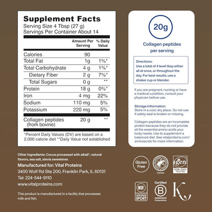 Vital Proteins Collagen Peptides Powder - Chocolate Powder for Hair, Nail, Skin, Bone & Joint Health, 13.5oz