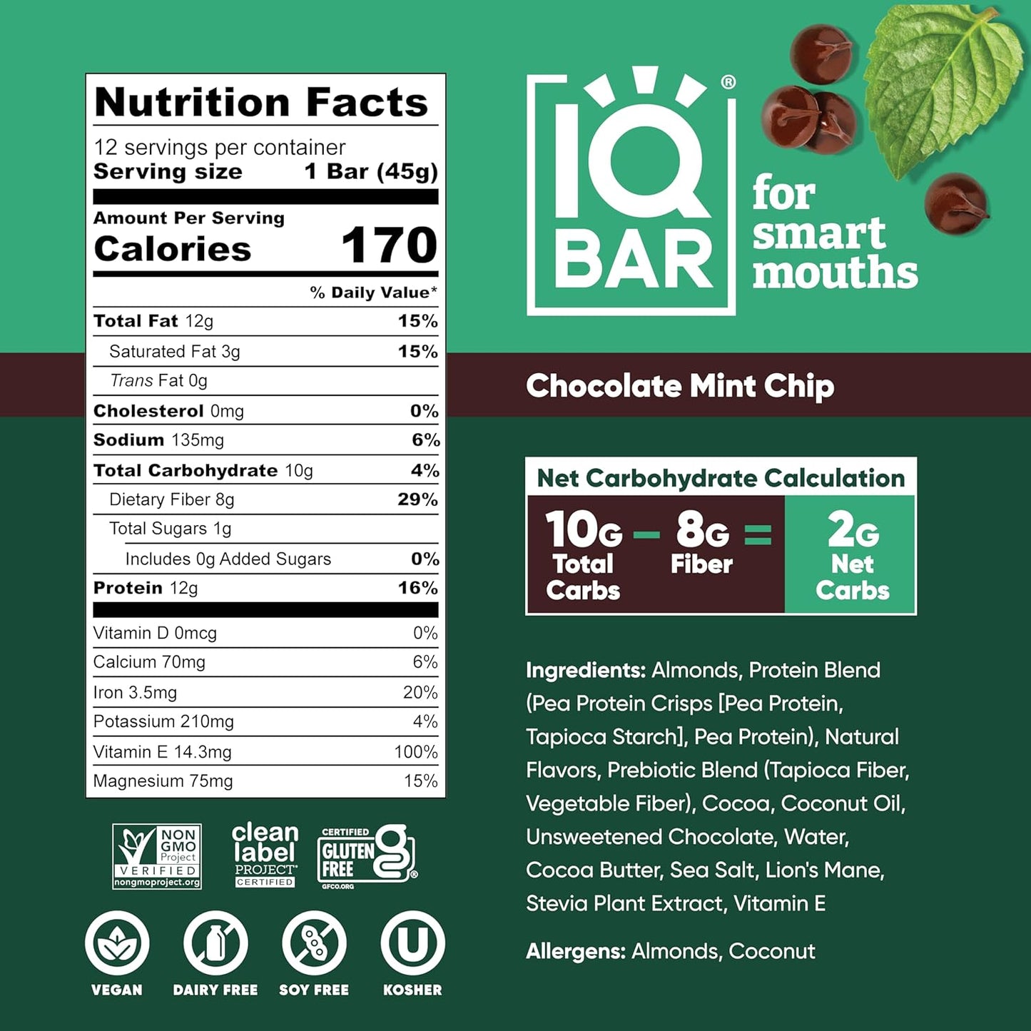 IQBAR Clean Plant Protein Bars - Chocolate Mint Chip - 12/24/36 Count - Keto, Vegan, High Fiber, Gluten and Dairy Free, Low Sugar Snack - Brain and Body Nutrients for Focus, Energy, Meal Replacement