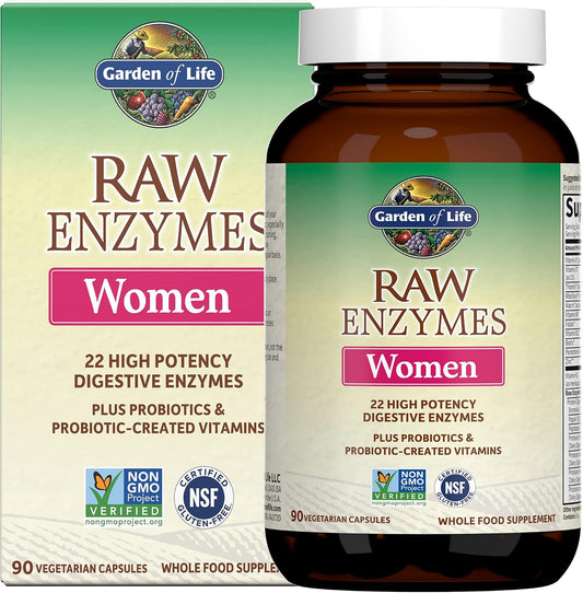 Garden of Life 22 Powerful Raw Enzymes for Women with Papain, Bromelain, Lactase plus Probiotics and Vitamins B12, Biotin and Zinc, Dietary Supplement with Digestive Enzymes, Vegetarian, 90 Capsules