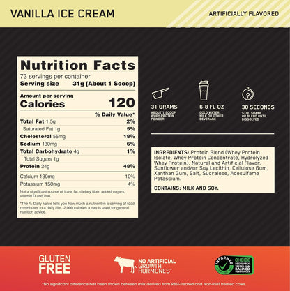 Optimum Nutrition Gold Standard 100% Whey Protein Powder, Vanilla Ice Cream, 1/2/5 Lbs