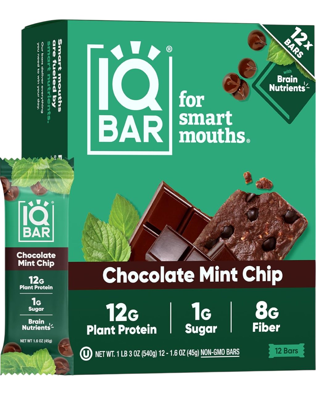 IQBAR Clean Plant Protein Bars - Chocolate Mint Chip - 12/24/36 Count - Keto, Vegan, High Fiber, Gluten and Dairy Free, Low Sugar Snack - Brain and Body Nutrients for Focus, Energy, Meal Replacement