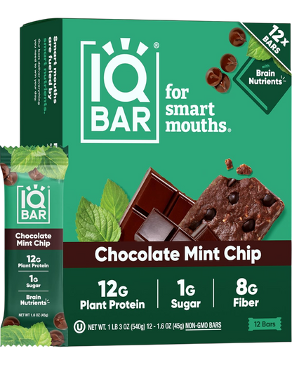 IQBAR Clean Plant Protein Bars - Chocolate Mint Chip - 12/24/36 Count - Keto, Vegan, High Fiber, Gluten and Dairy Free, Low Sugar Snack - Brain and Body Nutrients for Focus, Energy, Meal Replacement