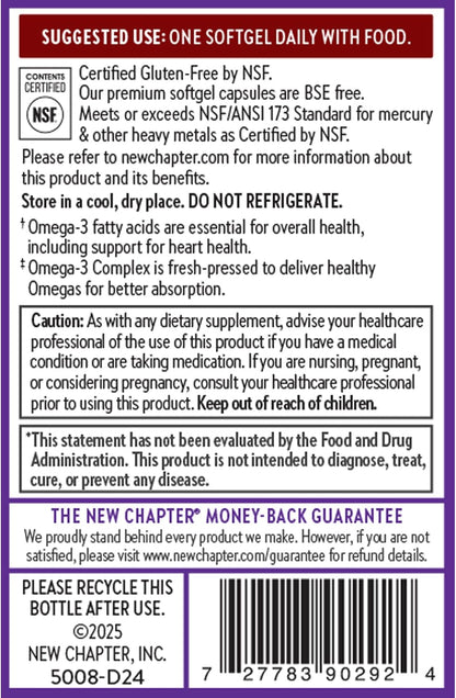 New Chapter Omega-3 Complex, 1000mg Softgels, Fish Oil Supplement Wild Alaskan Salmon for Heart, Brain, Eye, Joint & Skin Health Support - 30 Count