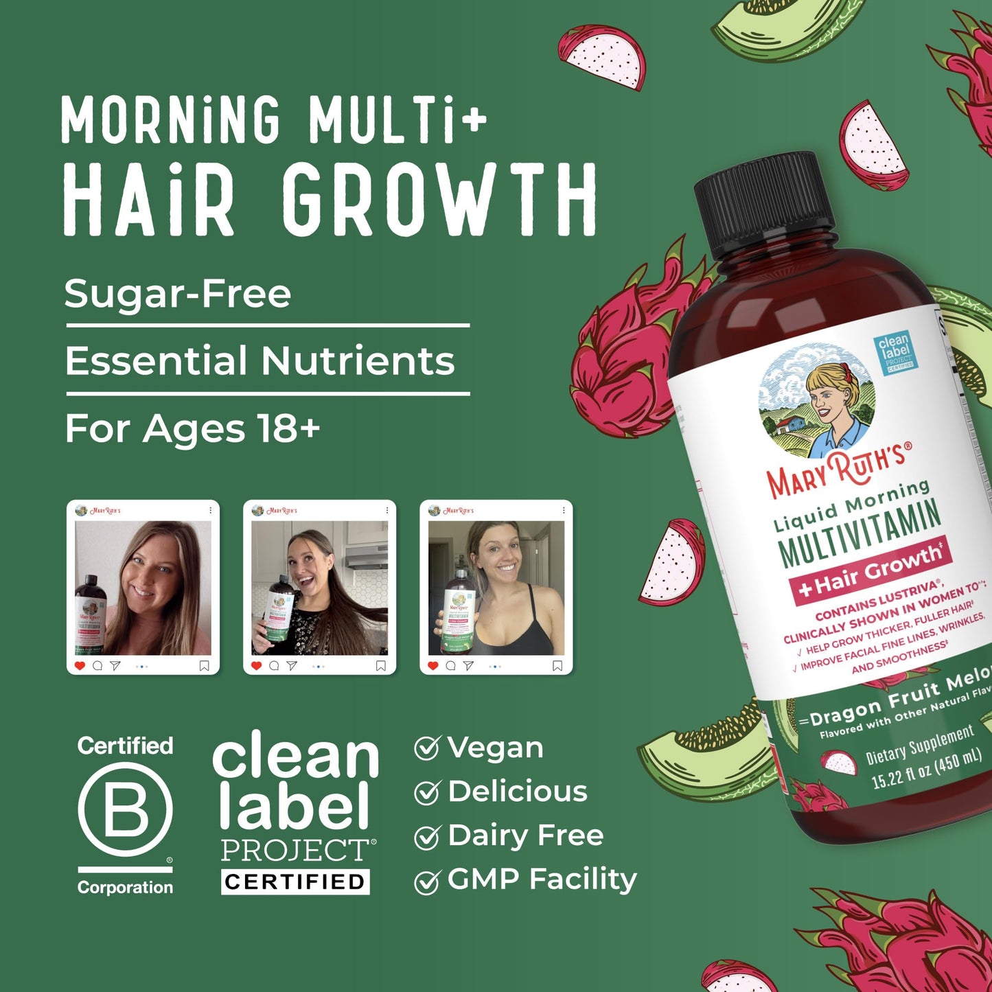 MARYRUTH'S Liquid Multivitamin+Hair Growth | Biotin 10000mcg | Lustriva Hair Growth Supplement | Clinically Tested in Women for Thicker Hair&Facial Wrinkle | Skin Care | Ages 18+