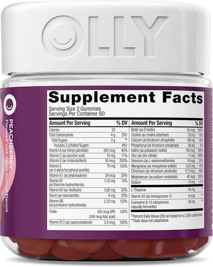 OLLY Women's 40+ Multi Gummies, 20 Key Nutrients Plus Vitamin K2, CoQ10, L-Theanine, Chewable Gummy Supplement, Peach Berry Flavored, 45 Day Supply - 120 Count