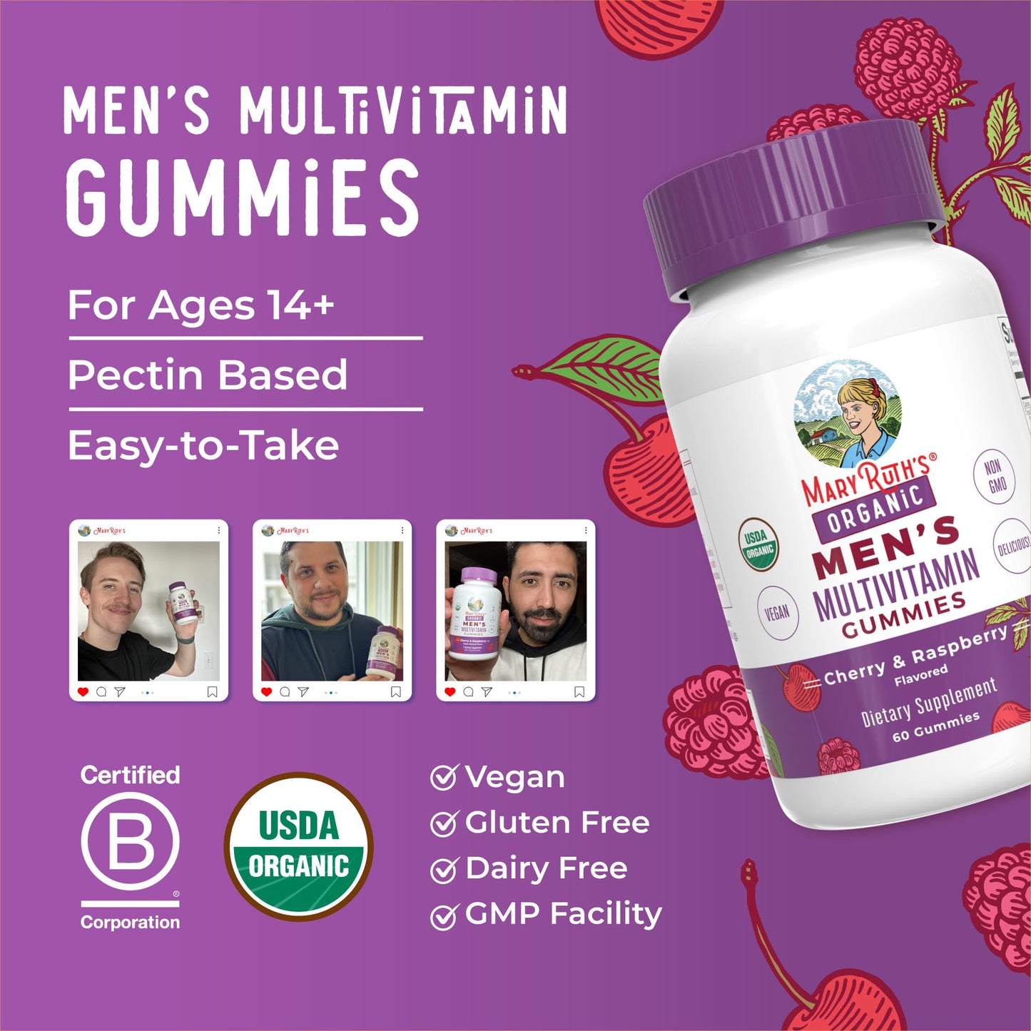 MaryRuth's Multivitamin Gummies for Men | Vitamin A, C, D, E, B6, B12, Biotin, Zinc | Energy Metabolism | Immunity | Bone Health | Cellular Health | Vegan | Non-GMO | Gluten & Sugar Free | 60 Count