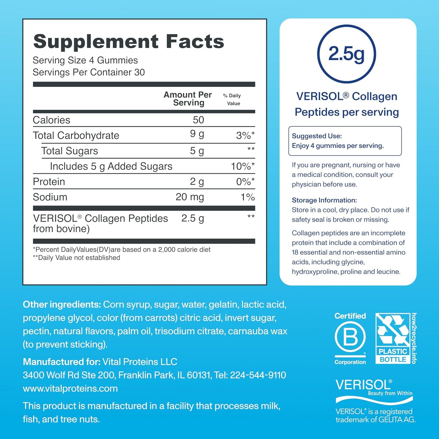 Vital Proteins Collagen Gummies, 2.5g of Clinically-Tested Collagen for Hair, Skin, Nails & Wrinkles, 120 ct, 30-Day Supply, Grape Flavor