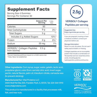 Vital Proteins Collagen Gummies, 2.5g of Clinically-Tested Collagen for Hair, Skin, Nails & Wrinkles, 120 ct, 30-Day Supply, Grape Flavor