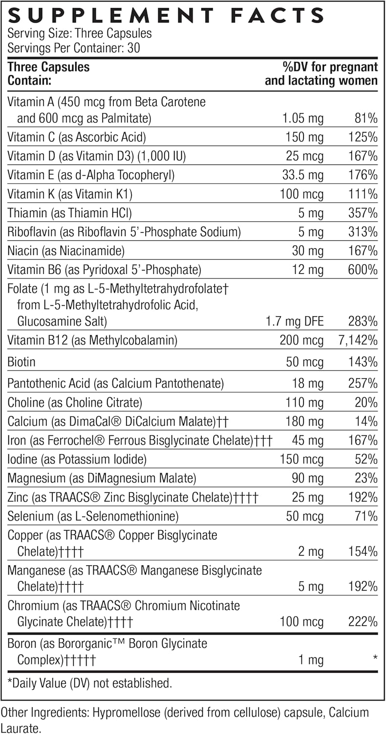 THORNE - Basic Prenatal - Well-Researched Folate Multi for Pregnant & Nursing Women - Includes 18 Vitamins & Minerals, Plus Choline - Third-Party Certified - Gluten, Dairy & Soy-Free - 30 Servings