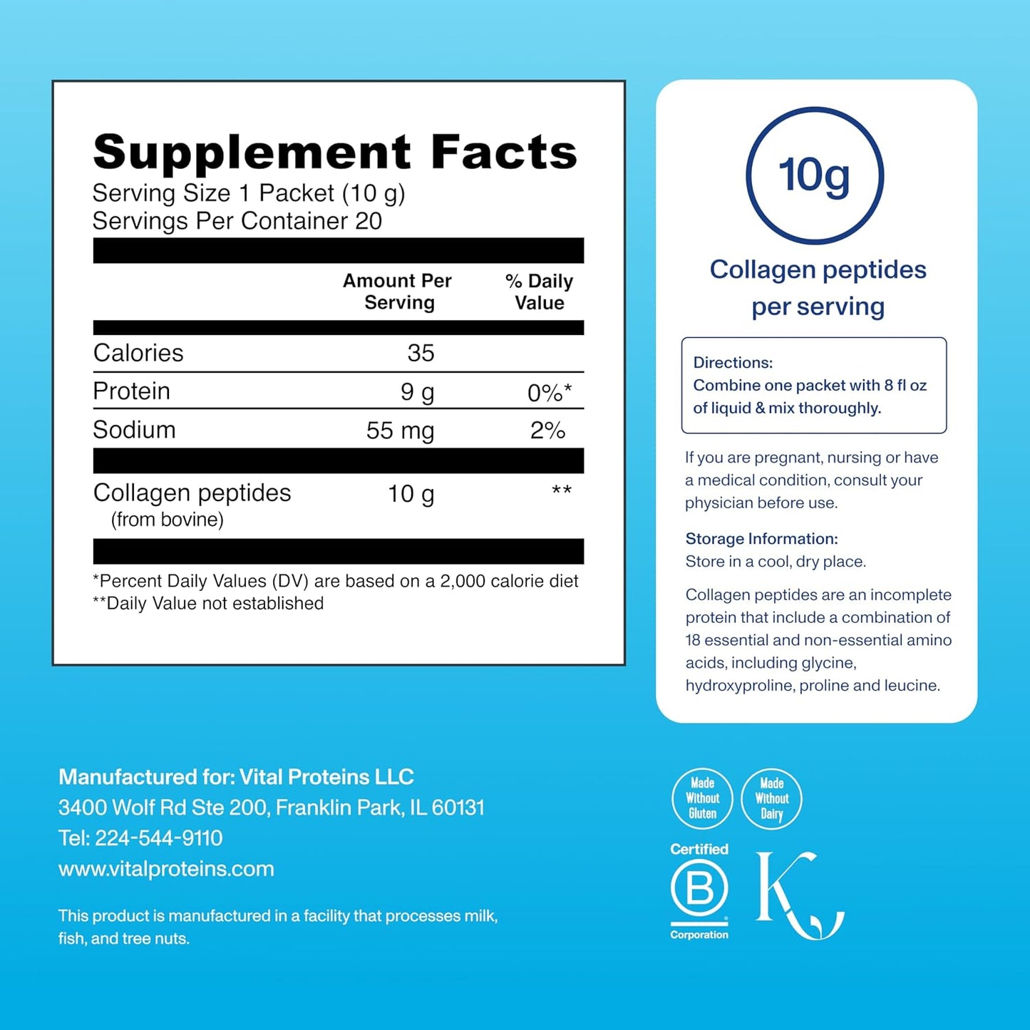 Vital Proteins Collagen Peptides Powder Supplement for Skin Hair Nail Joint Health or Support - Hydrolyzed Collagen - Unflavored, 7 Servings