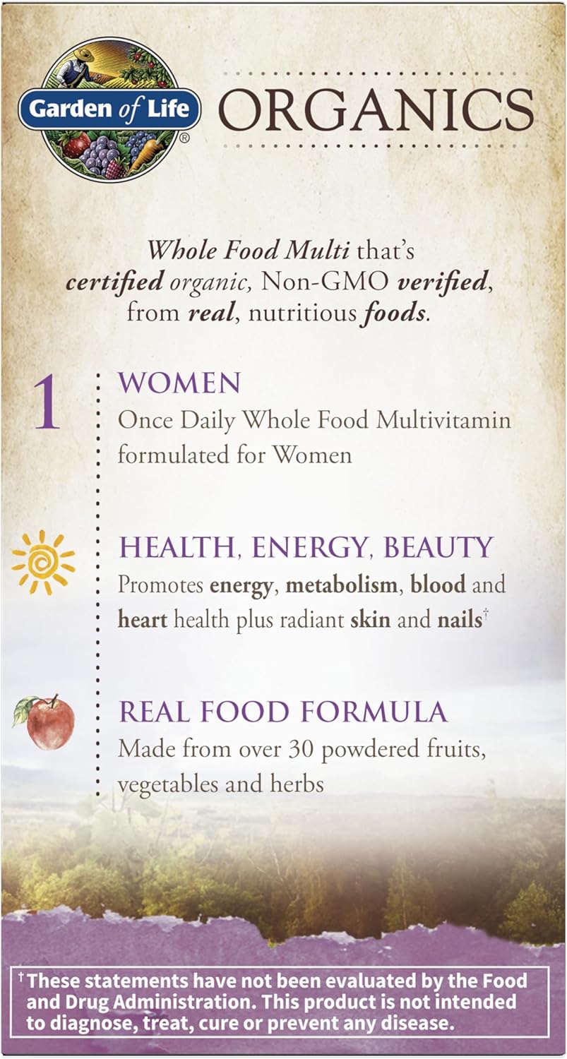 Garden of Life Organics Multivitamin for Women - Women's Once Daily Multi - Whole Food Multi with Iron, Biotin, Vegan Organic Womens Multivitamin for Health, Energy Hair Skin and Nails