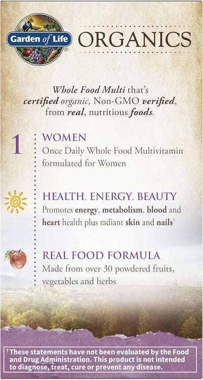 Garden of Life Organics Multivitamin for Women - Women's Once Daily Multi - Whole Food Multi with Iron, Biotin, Vegan Organic Womens Multivitamin for Health, Energy Hair Skin and Nails