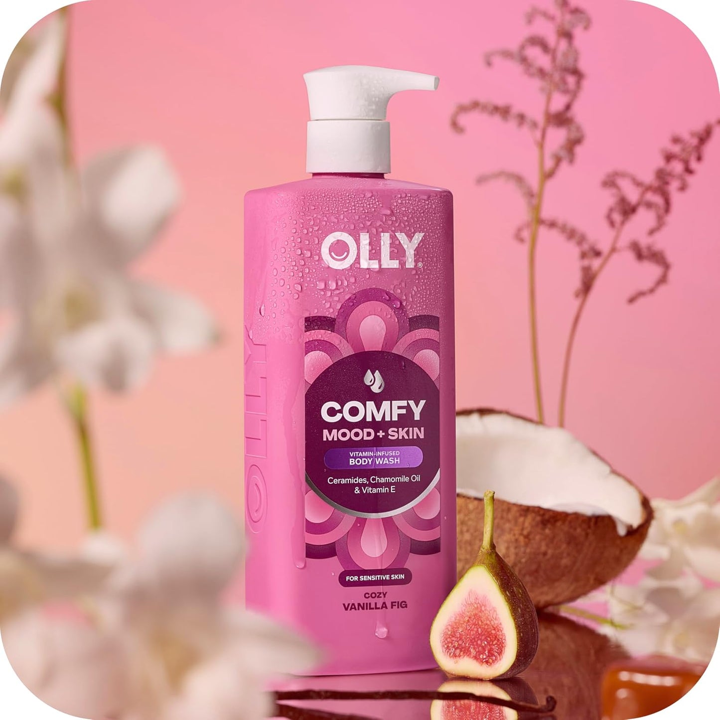OLLY Body Wash Comfy Mood + Skin with ceramides, chamomile oil & vitamin E to Hydrate & Nourish Skin, Cozy Vanilla & Fig Scent 17 Fl Oz