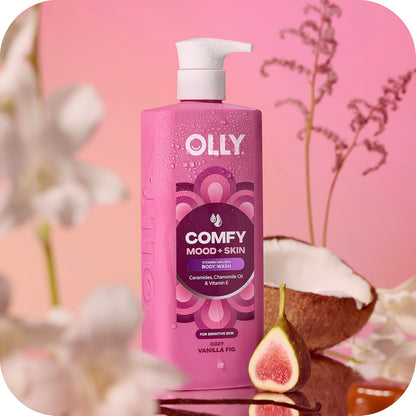 OLLY Body Wash Comfy Mood + Skin with ceramides, chamomile oil & vitamin E to Hydrate & Nourish Skin, Cozy Vanilla & Fig Scent 17 Fl Oz