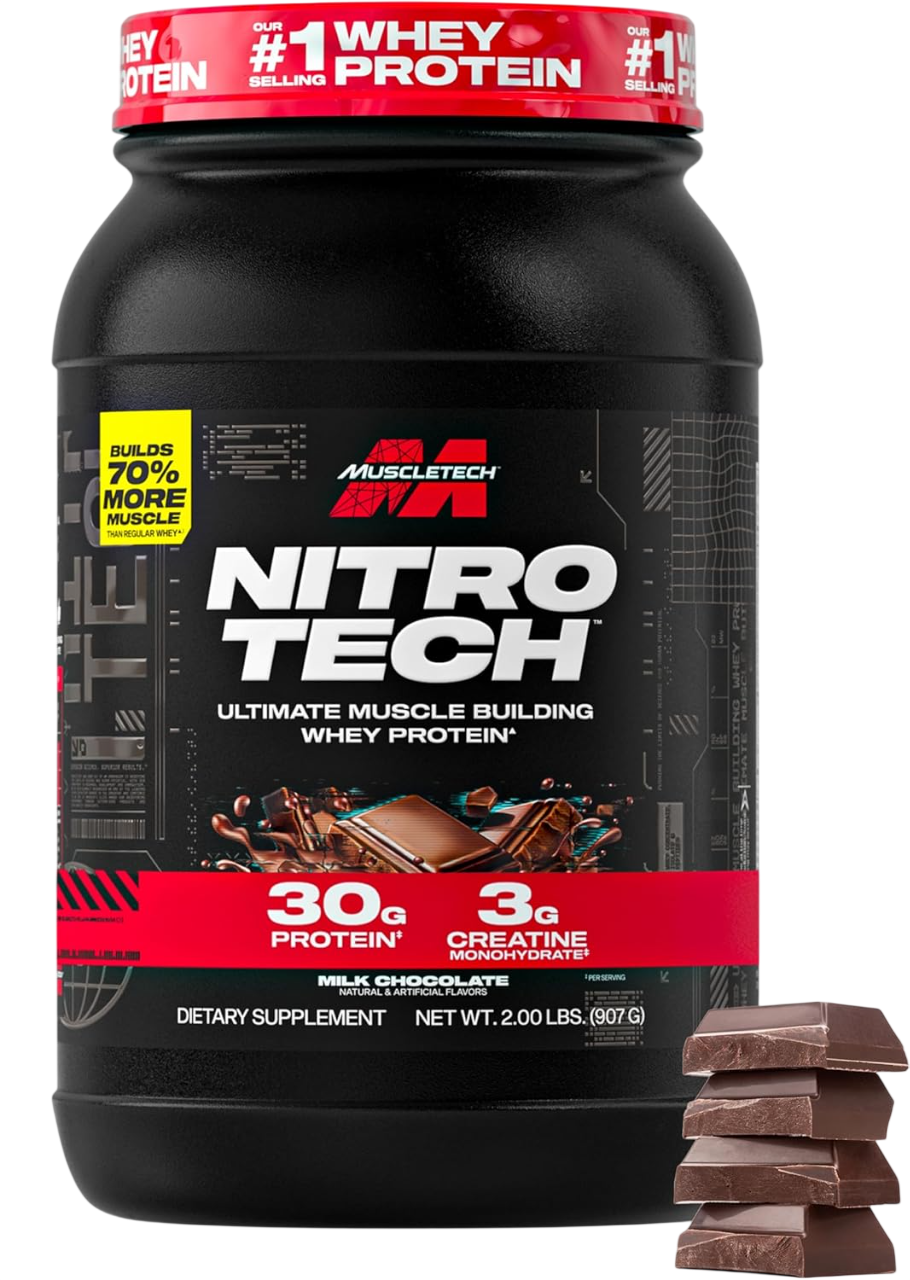 Muscletech Whey Protein Powder (Milk Chocolate, 2/4 Pounds) - Nitro-Tech Ultimate Muscle Building Formula with Whey Protein Isolate - 30g of Protein, 3g of Creatine & 6.8g of BCAA