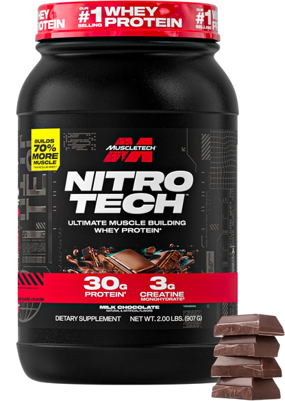 Muscletech Whey Protein Powder (Milk Chocolate, 2/4 Pounds) - Nitro-Tech Ultimate Muscle Building Formula with Whey Protein Isolate - 30g of Protein, 3g of Creatine & 6.8g of BCAA