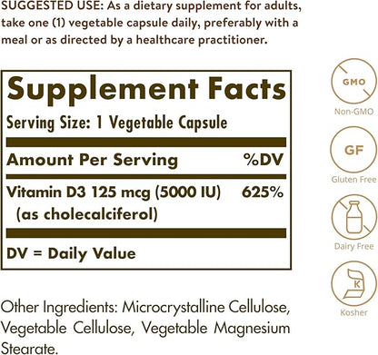 Solgar Vitamin D3 (Cholecalciferol) 125 Mcg (5000 IU), 120 Vegetable Capsules - Helps Maintain Healthy Bones & Teeth - Immune System Support - Non-GMO, Gluten Free, Dairy Free, Kosher - 120 Servings