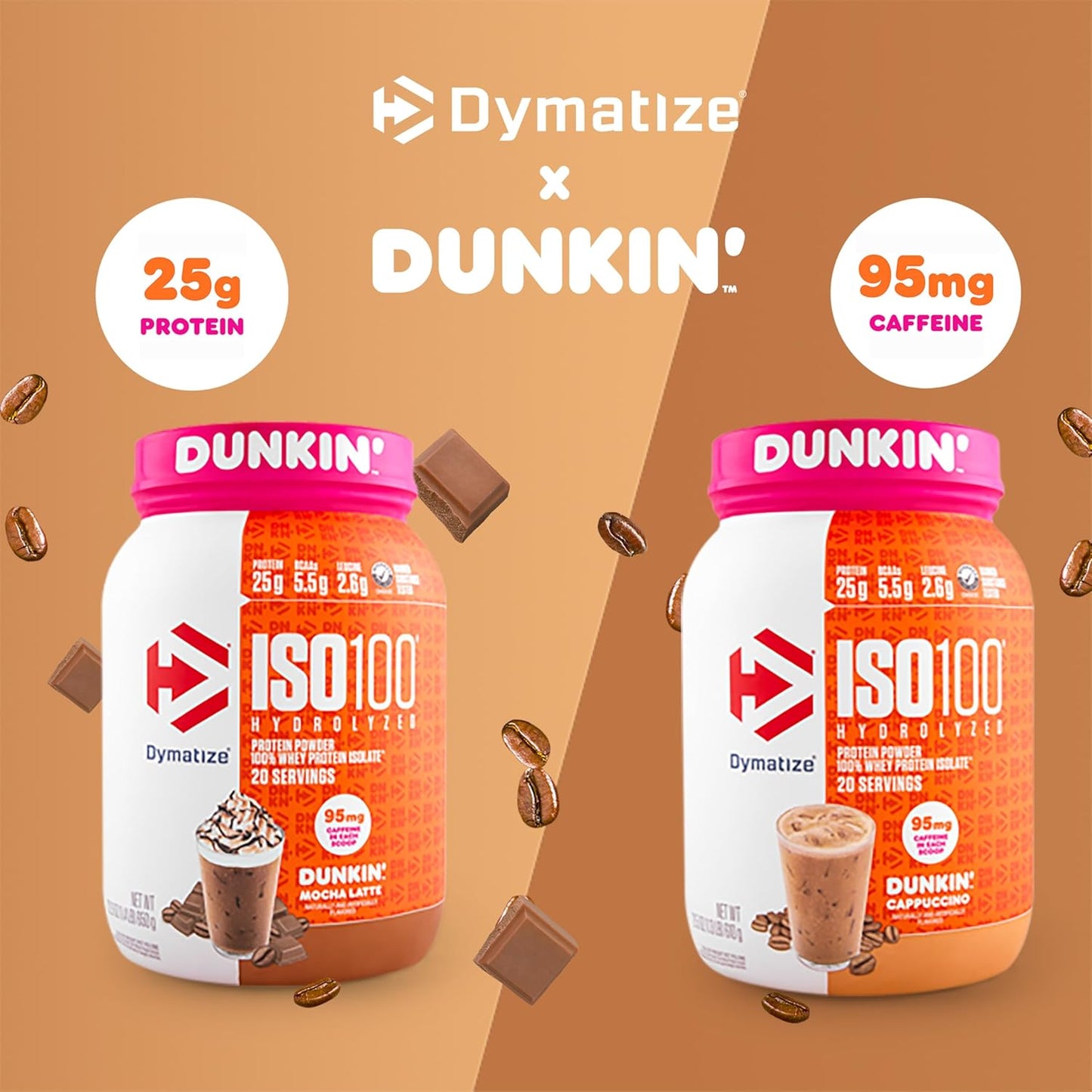 Dymatize x Dunkin' Cappuccino ISO100 Whey Protein Powder, 95mg Caffeine, 25g of Protein5.5g BCAAs, 120 Cal., Gluten Free, 1g Fat, 1g Sugar, 2g Carb