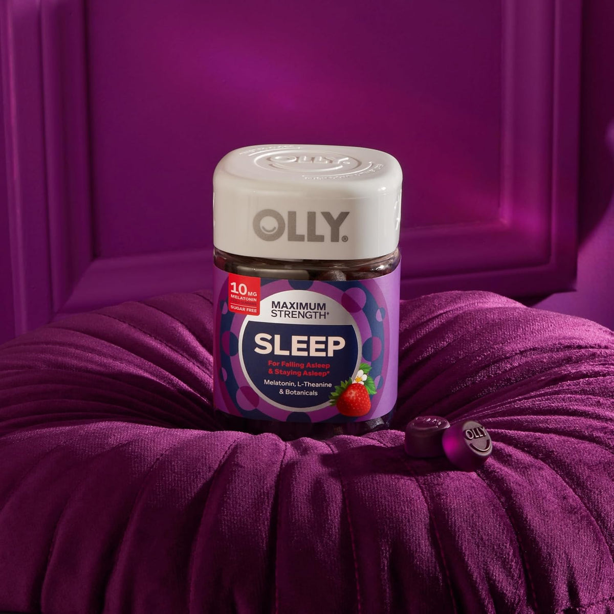 OLLY Max Strength Sleep Gummy, 10mg Melatonin, L-Theanine, Chamomile, Lemon Balm, Sugar Free, Vegetarian Sleep Aid, Strawberry - 50 Count