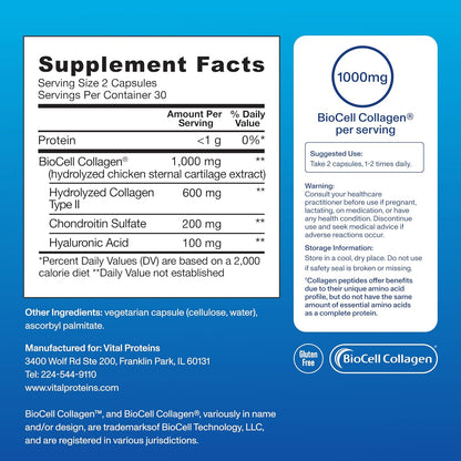 Vital Proteins® Enhanced Collagen Complex Capsules with BioCell Collagen® - Supports Skin Elasticity, Joint Health and Helps Reduce Fine Lines & Wrinkles (1) - 60 Count
