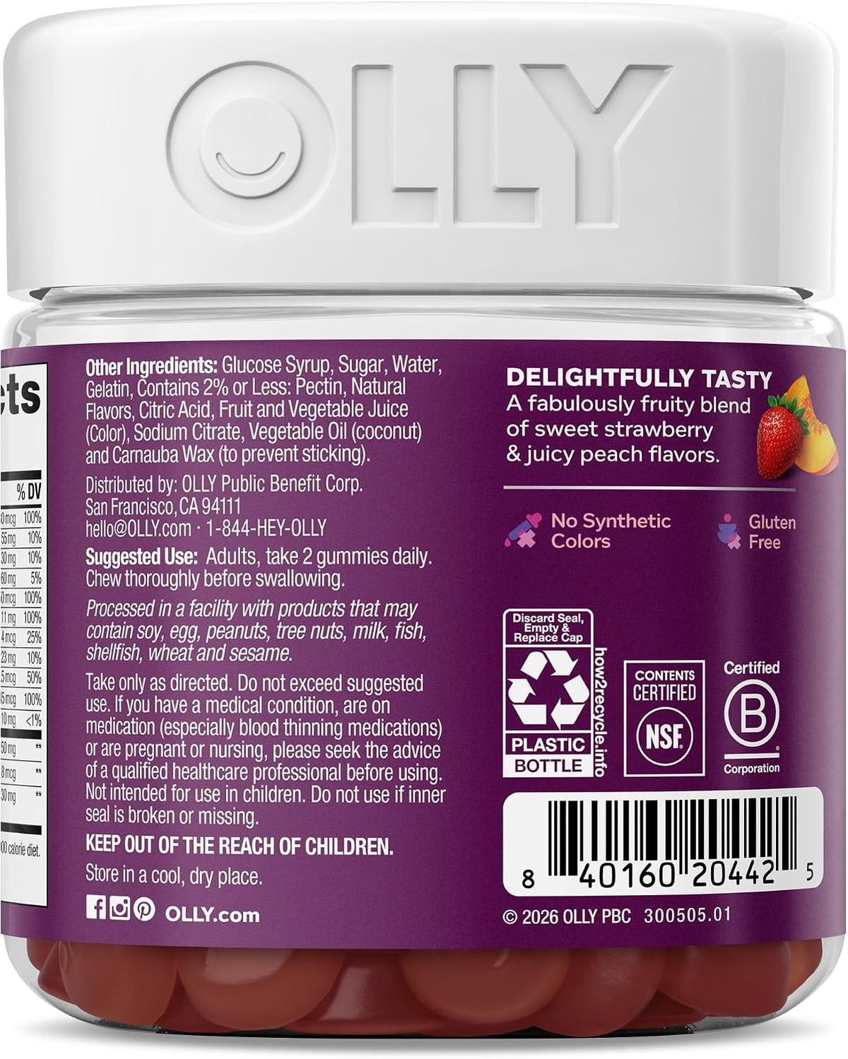 OLLY Women's 40+ Multi Gummies, 20 Key Nutrients Plus Vitamin K2, CoQ10, L-Theanine, Chewable Gummy Supplement, Peach Berry Flavored, 45 Day Supply - 120 Count