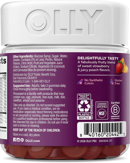 OLLY Women's 40+ Multi Gummies, 20 Key Nutrients Plus Vitamin K2, CoQ10, L-Theanine, Chewable Gummy Supplement, Peach Berry Flavored, 45 Day Supply - 120 Count