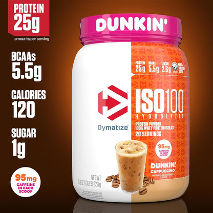Dymatize x Dunkin' Cappuccino ISO100 Whey Protein Powder, 95mg Caffeine, 25g of Protein5.5g BCAAs, 120 Cal., Gluten Free, 1g Fat, 1g Sugar, 2g Carb