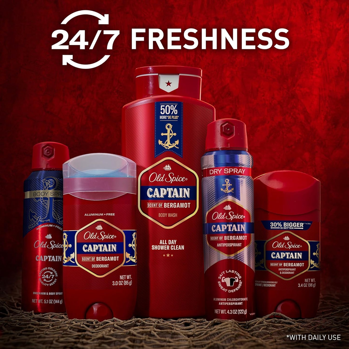 Old Spice Refreshing Body Wash for Men, 3X Defense, 24/7 Shower Fresh with Long Lasting Scent, Red Collection, Captain with Bergamot Scent, 33.4 oz